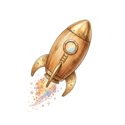 Fusée en bois dorée avec traînée arc-en-ciel