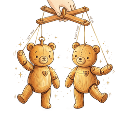 Deux marionnettes ours en bois avec fils dorés