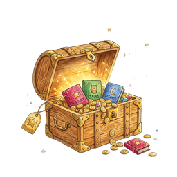 Coffre au trésor en bois rempli de livres et de pièces dorées